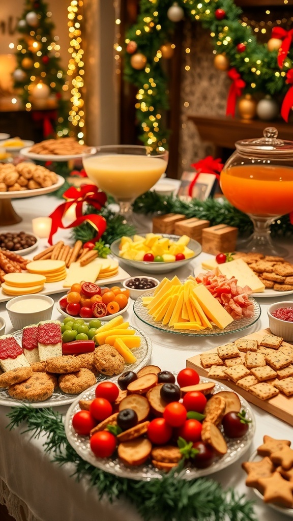 A festive food display for a Christmas party with assorted appetizers and desserts on a decorated table.